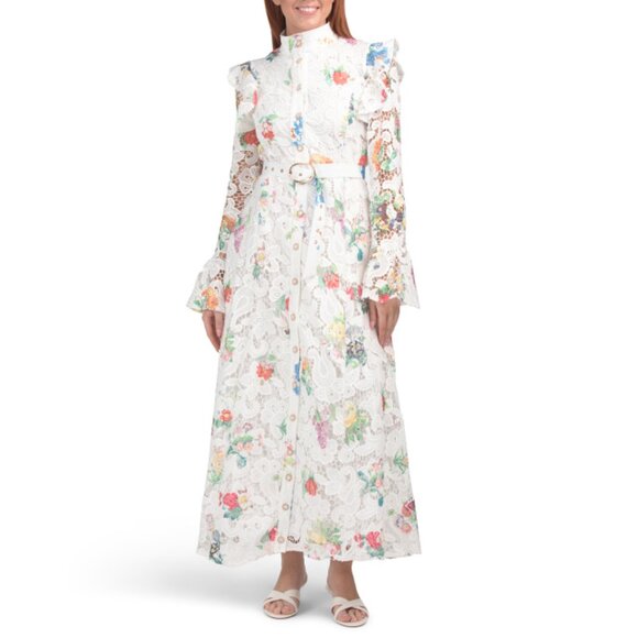 DALIA MACPHEE Ivory Multi Long Sleeve Floral Lace Maxi Dress